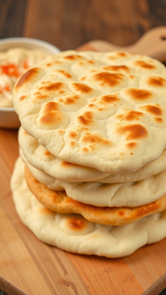 Freshly baked pita bread stacked on a cutting board with a bowl of hummus in the background.